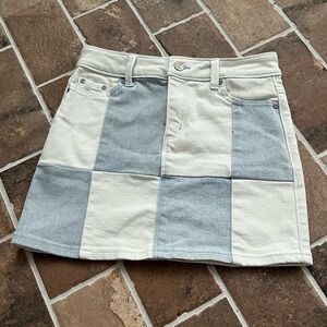 Tractr Denim Checkered Color Block Mini Skirt in Blue and Cream. Worn Once